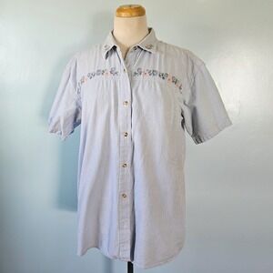 NorthCrest Vtg 90s XL Blue White Striped Floral Embroidered Short Sleeve Shirt